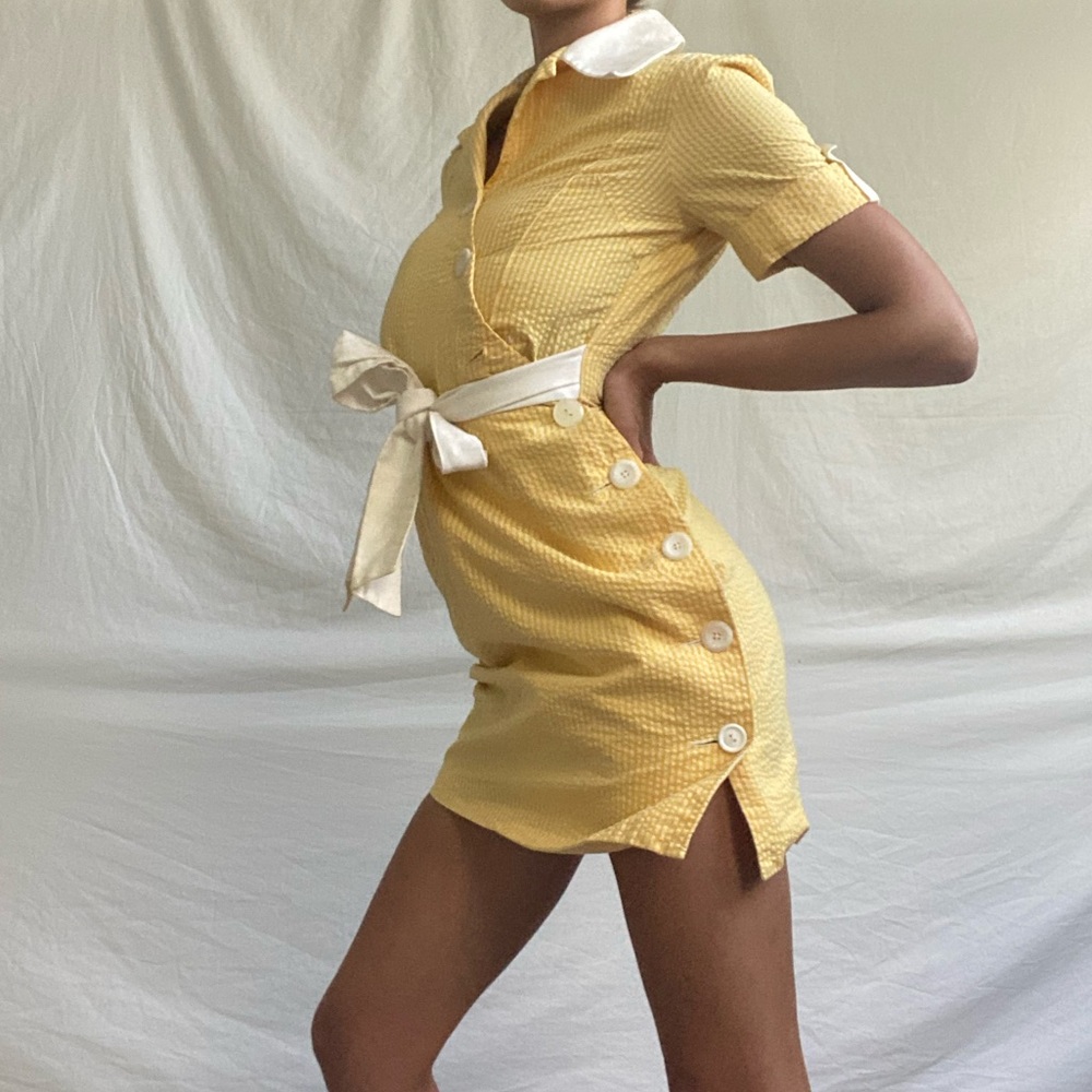 vintage seersucker yellow collared dress